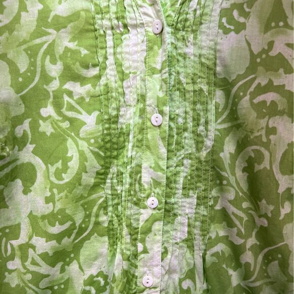 Additions By Chicos Womens Pintuck Button Front Blouse Size 0 Green Floral Boho - Picture 6 of 11